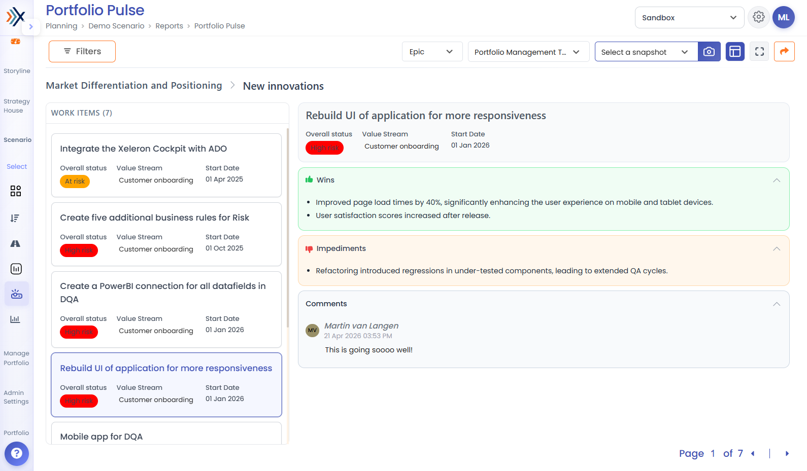 Xeleron Cockpit dashboard met overzicht van portfolioresultaten en managementinformatie